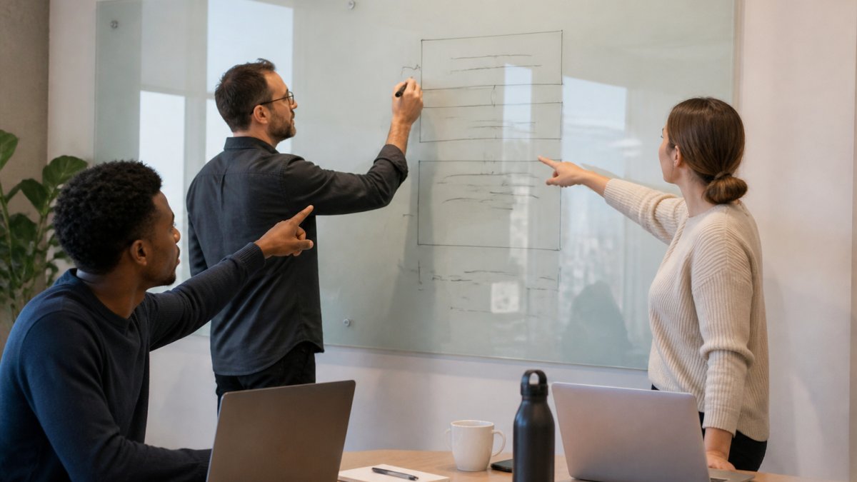 An operations manager sketching a layered system map on a glass whiteboard while two colleagues point at different sections, modern office with laptops open on the table