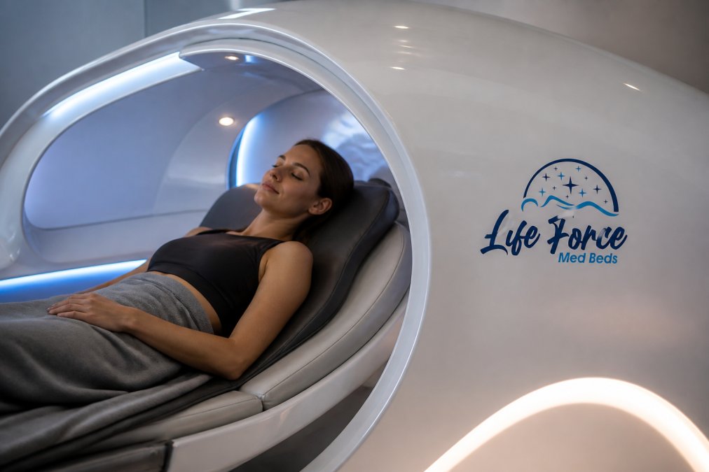 Person relaxing in a modern wellness pod with soft ambient lighting, showing integrated technology environment with visible bioresonance scanning interface and comfortable ergonomic seating