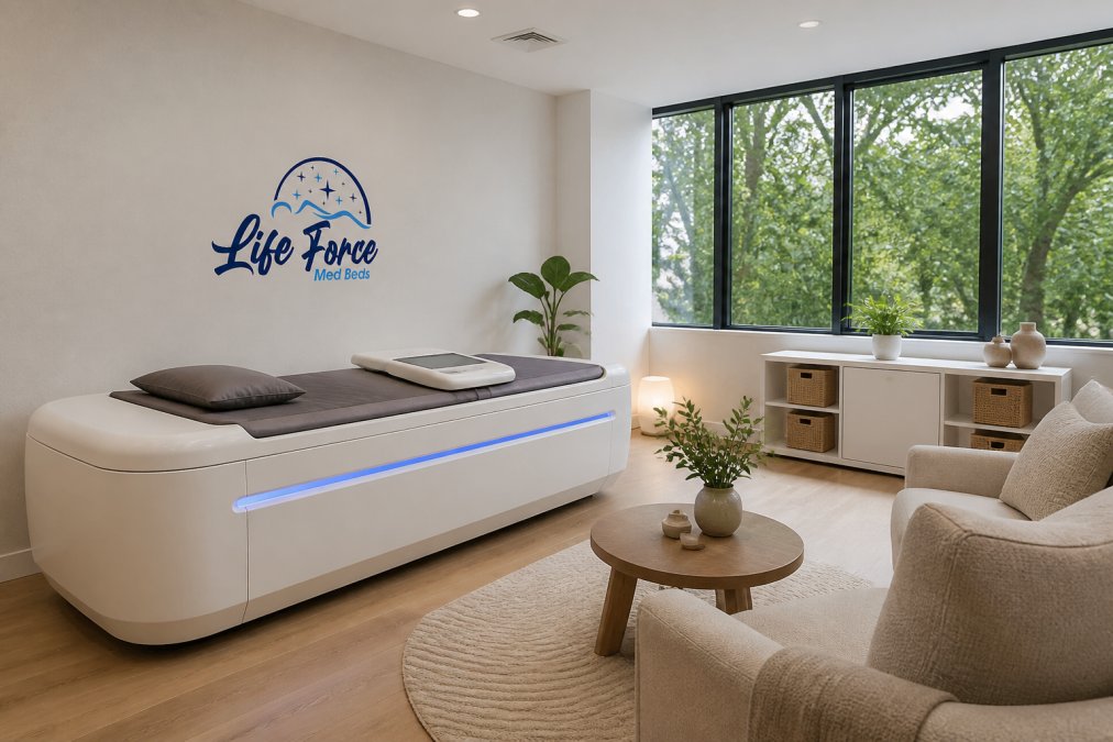 Modern home wellness room with dedicated space showing organized equipment layout, comfortable seating area with natural light from windows, and minimal visual clutter from integrated technology setup