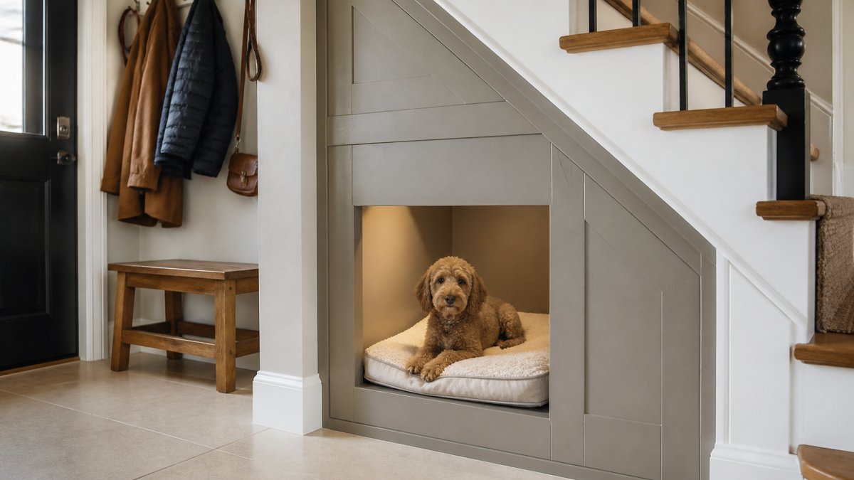A built-in under-stair dog house with a painted timber frame, cushioned bed and a small open entry opening, set in a bright hallway with coats hung nearby