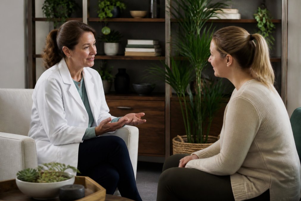 Healthcare professional in an integrated medicine setting consulting with a patient about treatment options, warm clinical lighting with natural elements