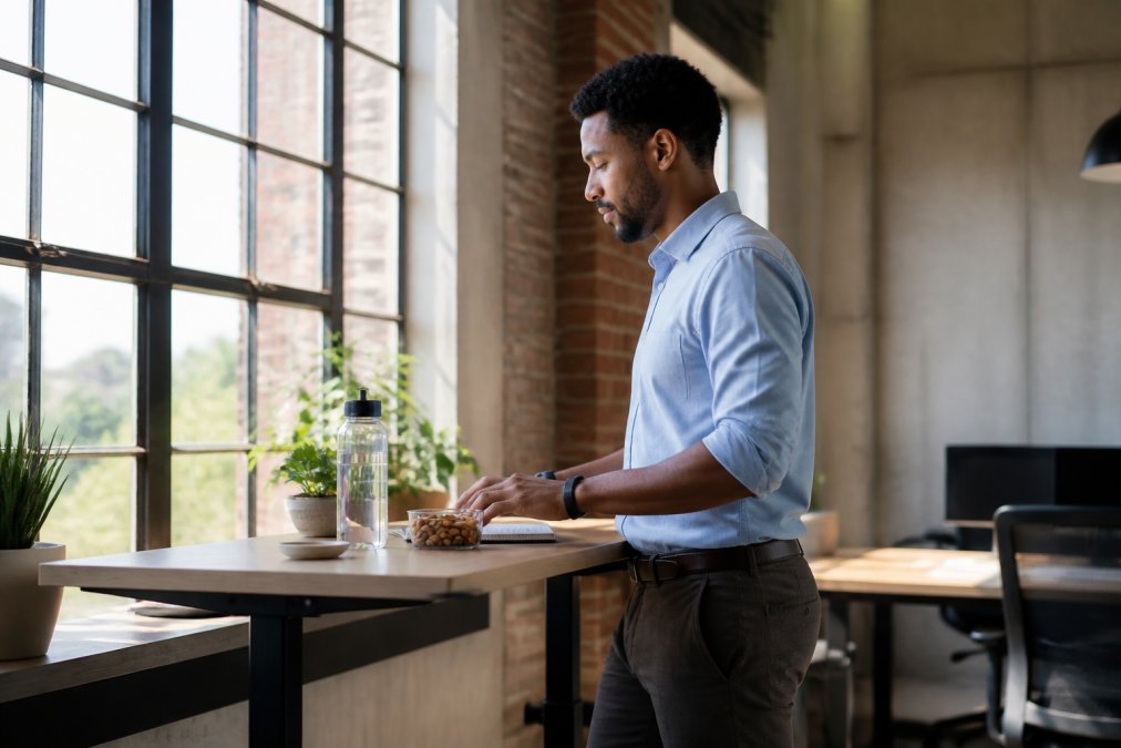 Professional at standing desk with water bottle and healthy snack nearby, natural office lighting streaming through windows, demonstrating wellness integration into busy work environment