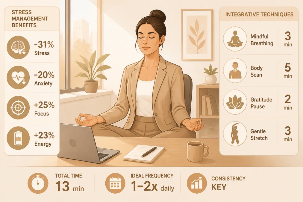Person practicing mindfulness meditation at desk during work break, sitting with upright posture, natural light from window, showing stress management in action