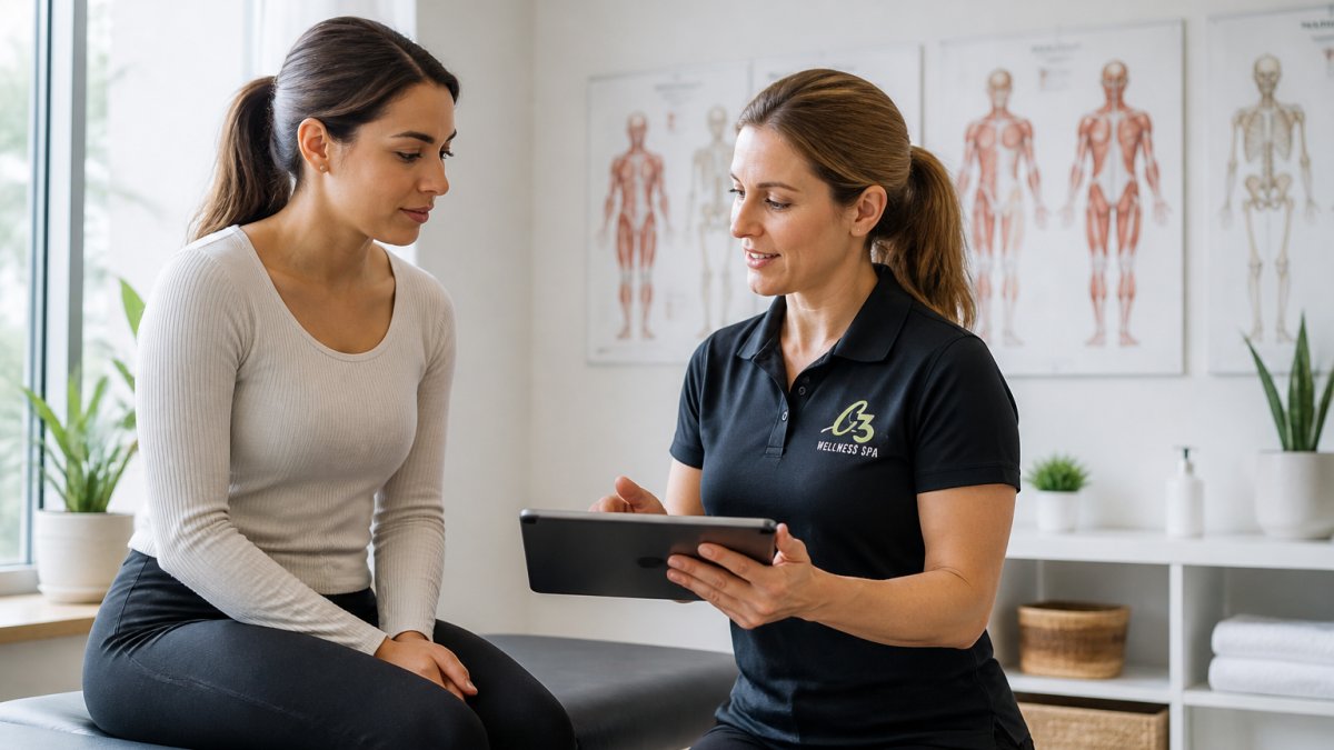 Patient and physical therapist discussing an integrated wellness plan in a modern clinic consultation room.