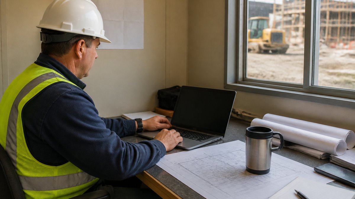 A construction project manager at a job site office trailer reviewing a laptop screen showing project cost data, with blueprints and a coffee cup on the desk beside them