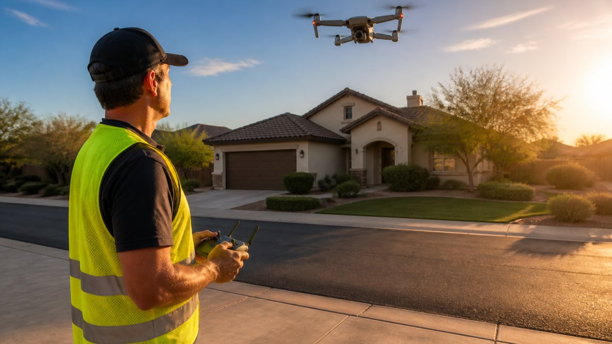 A licensed drone pilot in a safety vest standing on a suburban driveway at golden hour, controller in hand, with a quadcopter hovering above a single-family home in the background