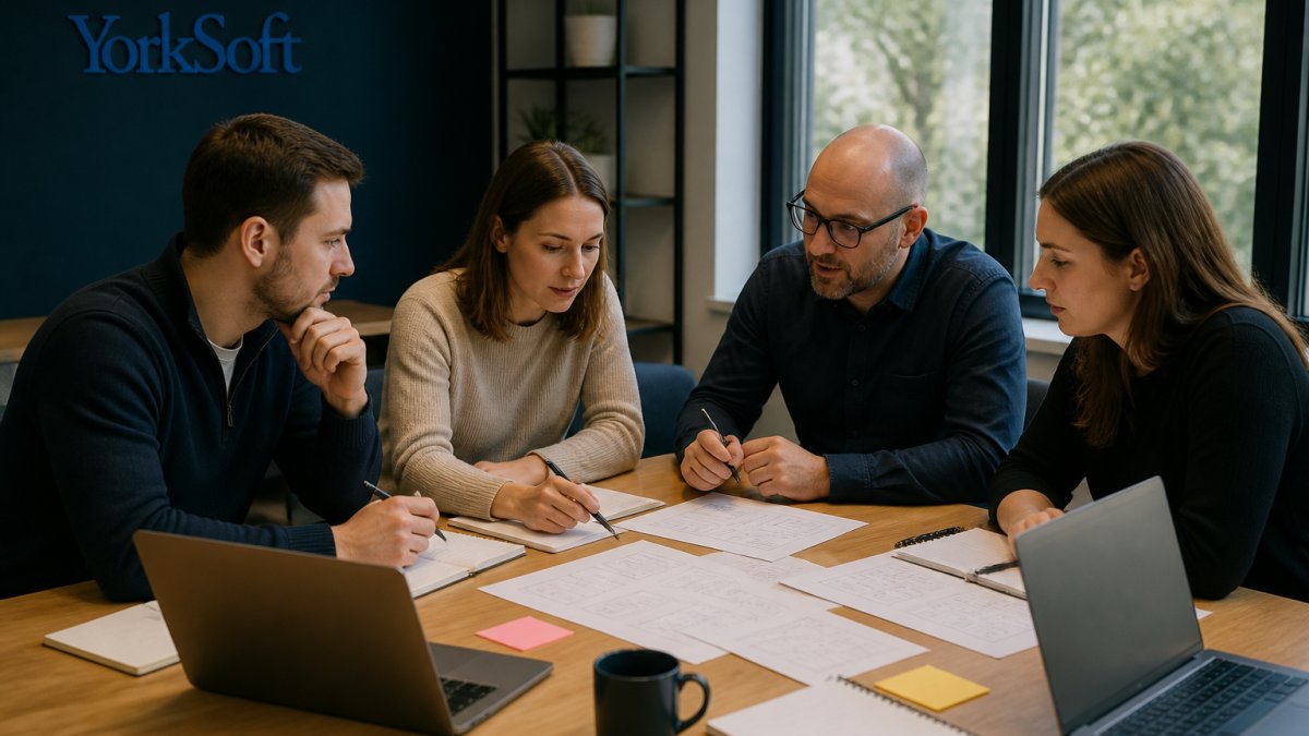 Professional team gathered around a desk reviewing workflow documentation and discussing automation strategy with laptops, notepads, and process diagrams visible in modern office setting