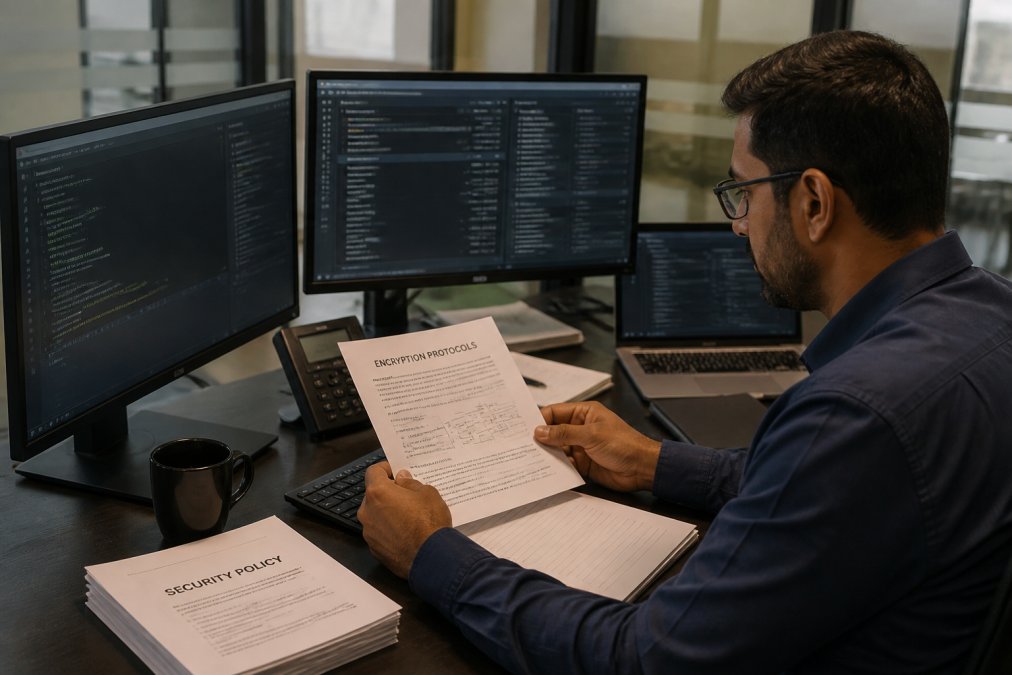 Security professional reviewing encryption protocols and compliance documentation on multiple computer screens in a corporate office, with security policy documents visible on desk