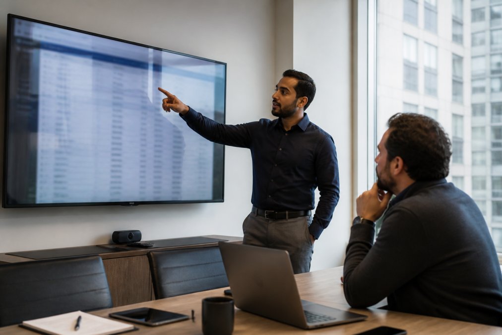 A sales manager in a modern office pointing at a large monitor displaying a dashboard with lead scores and conversation logs, while a colleague looks on, natural daylight filling the room