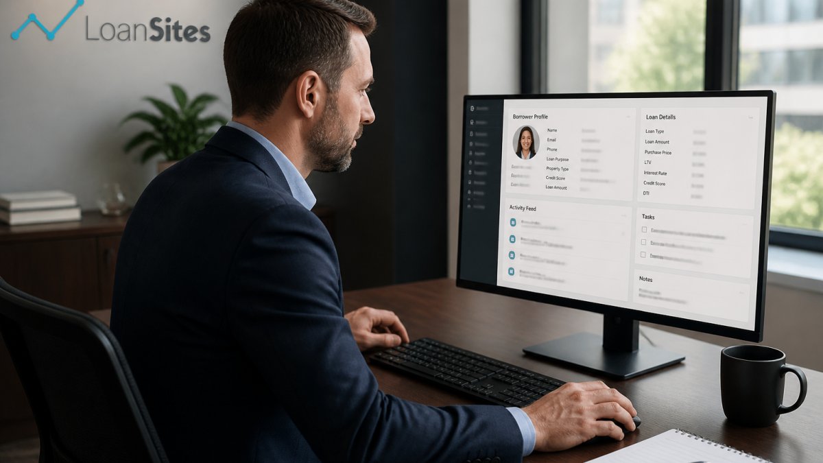 Loan officer at desk reviewing borrower information on computer screen with CRM dashboard visible, professional office environment
