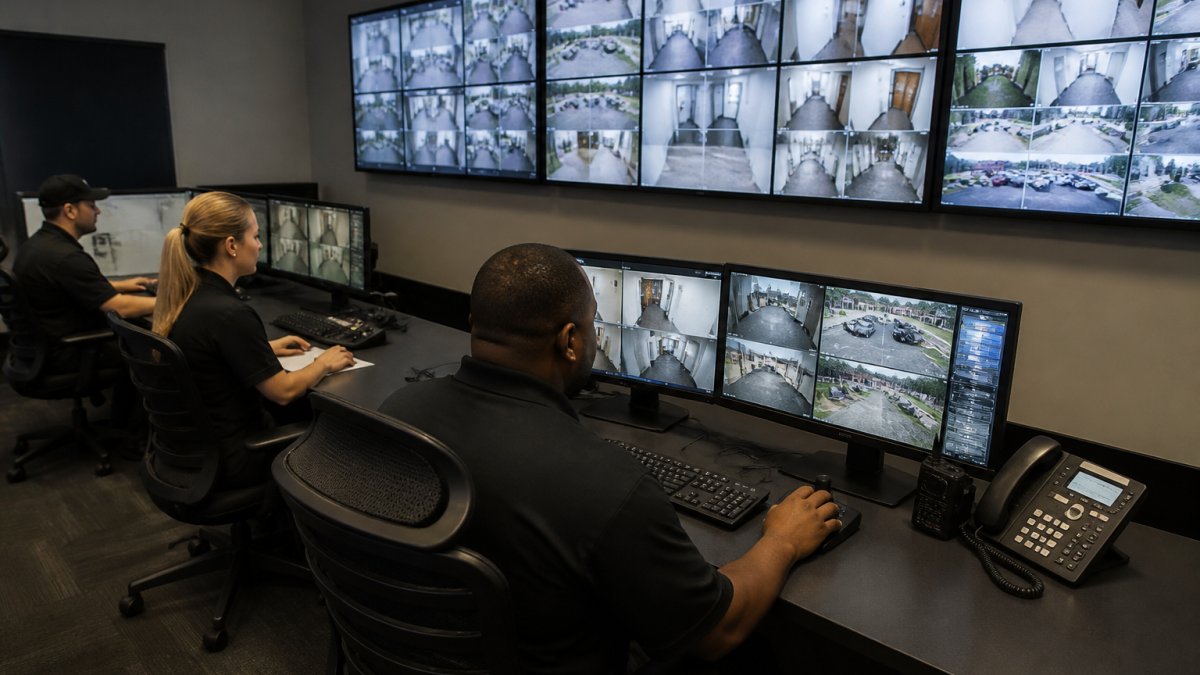 Professional security operations team monitoring multiple displays showing live video feeds with AI-generated alerts and object detection overlays in a modern control center environment