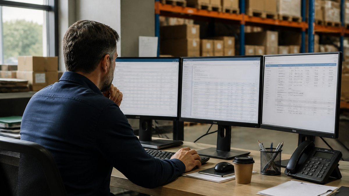 Operations manager reviewing system architecture and integration workflows on multiple computer monitors displaying different software dashboards in a modern warehouse office environment