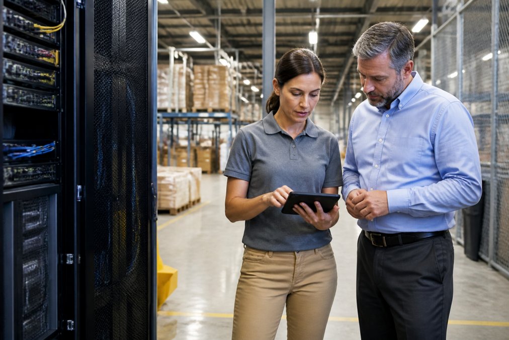 A warehouse manager and an IT consultant reviewing operational data on a tablet while standing near a legacy server rack in a distribution center
