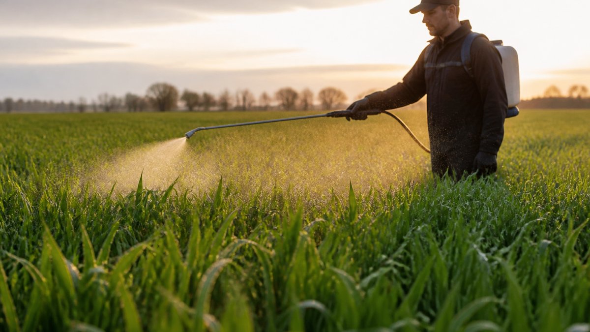 Professional farmer spraying amino acid biostimulant solution onto cereal crop in early morning light, showing proper nozzle angle and even coverage across green foliage