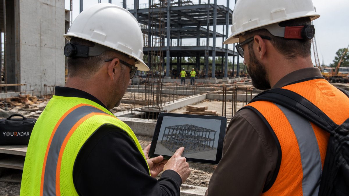 Construction crew reviewing a digital model on a tablet while integrating BIM construction workflows on-site.