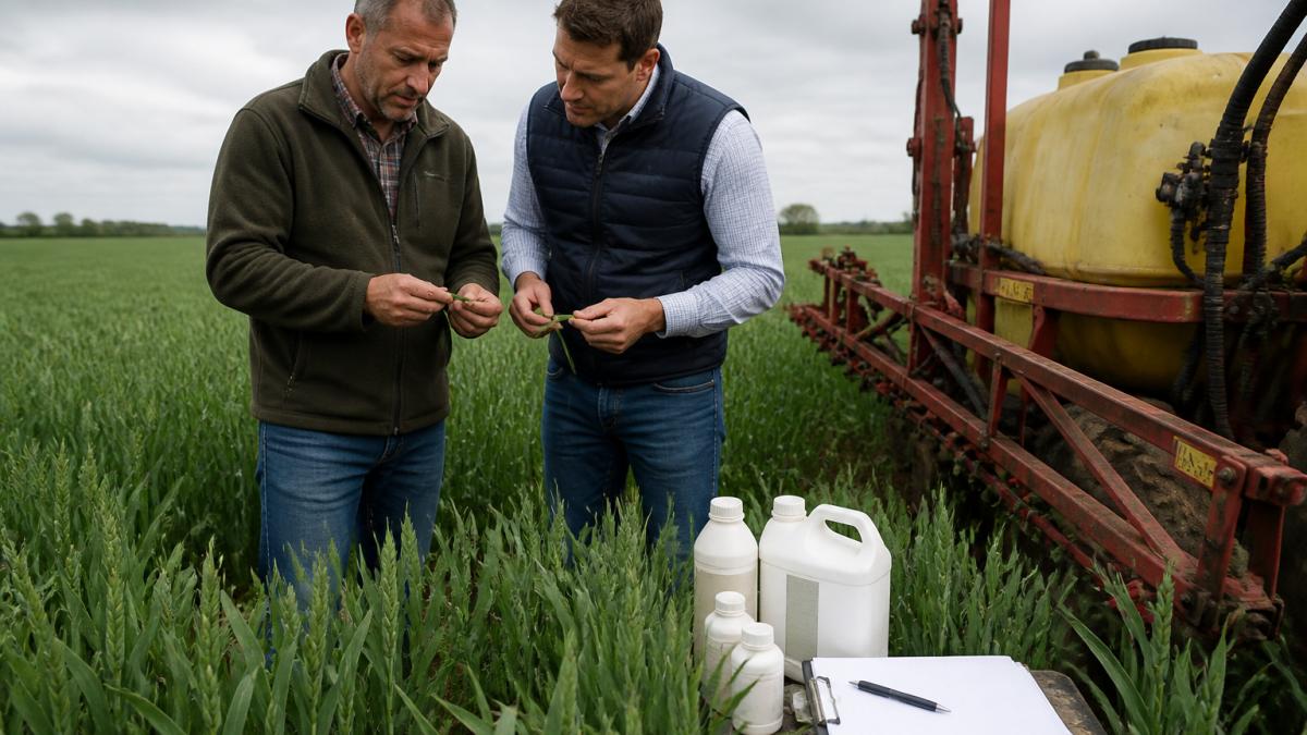 A farmer and agronomist standing in a green wheat field examining leaves and a sprayer tank, clipboard and product containers on the ground beside them, overcast daylight on a working farm