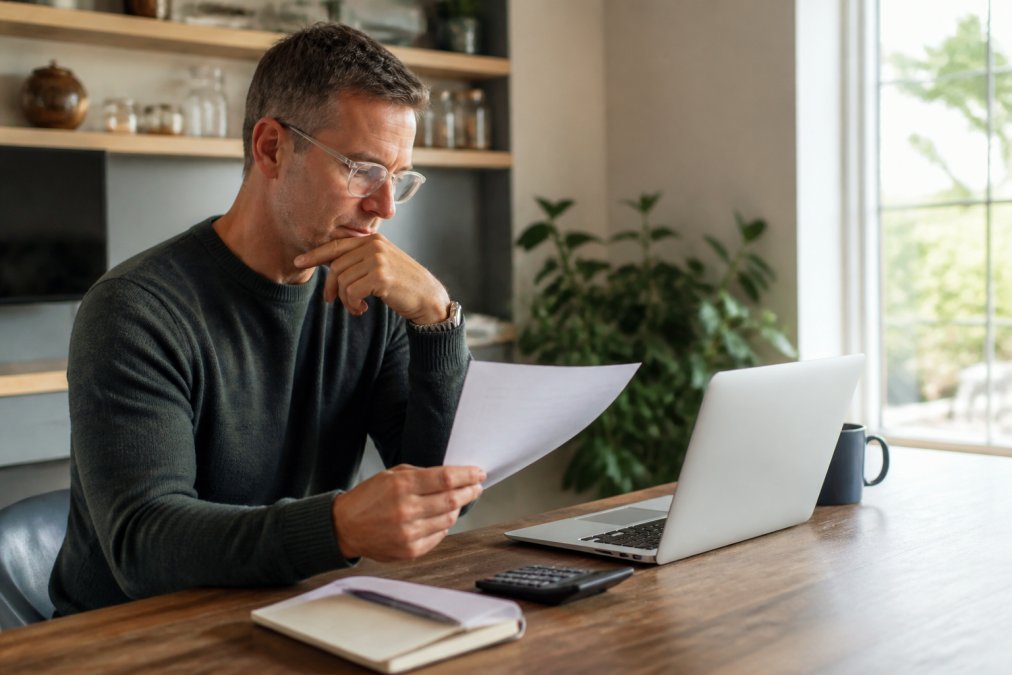A business owner reviewing a printed financial statement at a wooden desk with a laptop and calculator nearby, natural window light