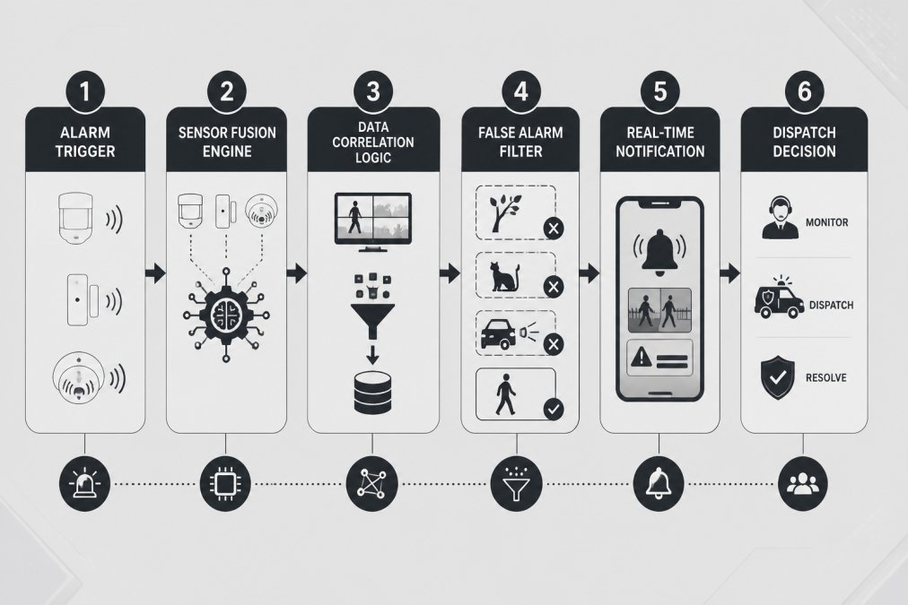 Flowchart showing alarm trigger → sensor fusion engine → data correlation logic → false alarm filter → real-time notification → dispatch decision