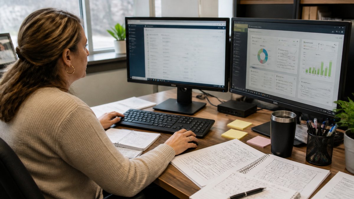Practice manager at desk reviewing system documentation on dual monitors displaying EHR interface on left screen and credentialing software dashboard on right screen, with printed integration diagrams and notes visible, natural office lighting