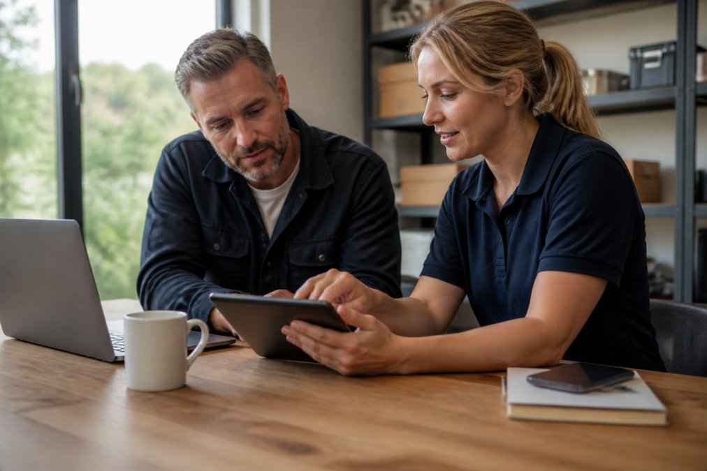 A service business owner and office administrator reviewing a tablet showing a scheduling calendar in a bright, organized workspace with a laptop and coffee nearby