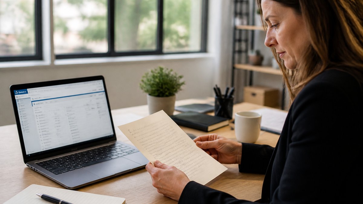 A marketing manager at a desk reviewing a personalised letter next to a laptop showing a CRM contact record, with a notepad and pen nearby in a bright office