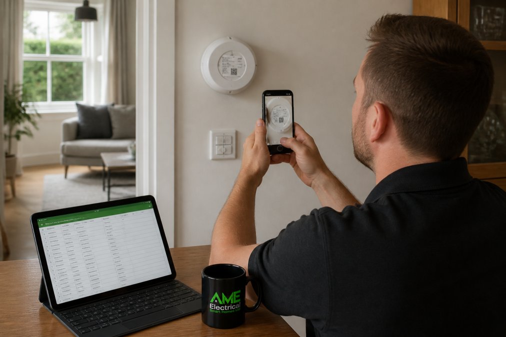 Homeowner photographing smart device labels and model numbers in different rooms, with a tablet displaying a spreadsheet inventory, natural home lighting