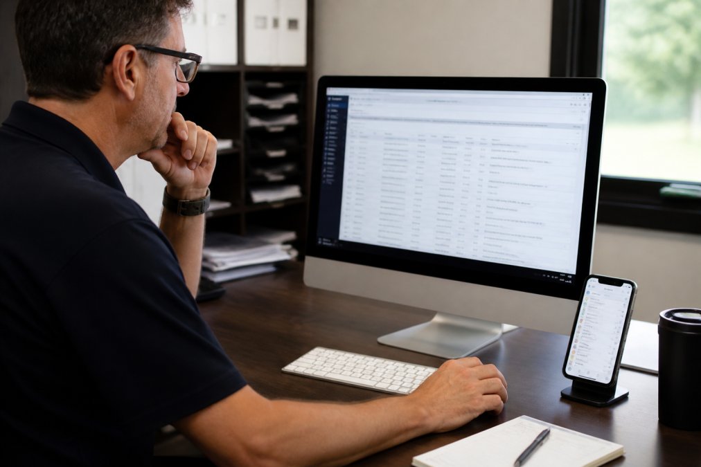 Service business owner reviewing work order data on desktop computer in office setting with mobile device showing field crew updates on desk nearby