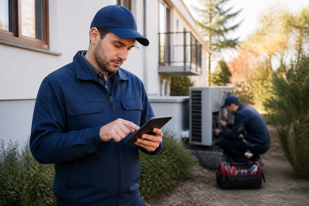 Field technician on job site using mobile device to capture invoice details with completed work visible in background, natural outdoor lighting