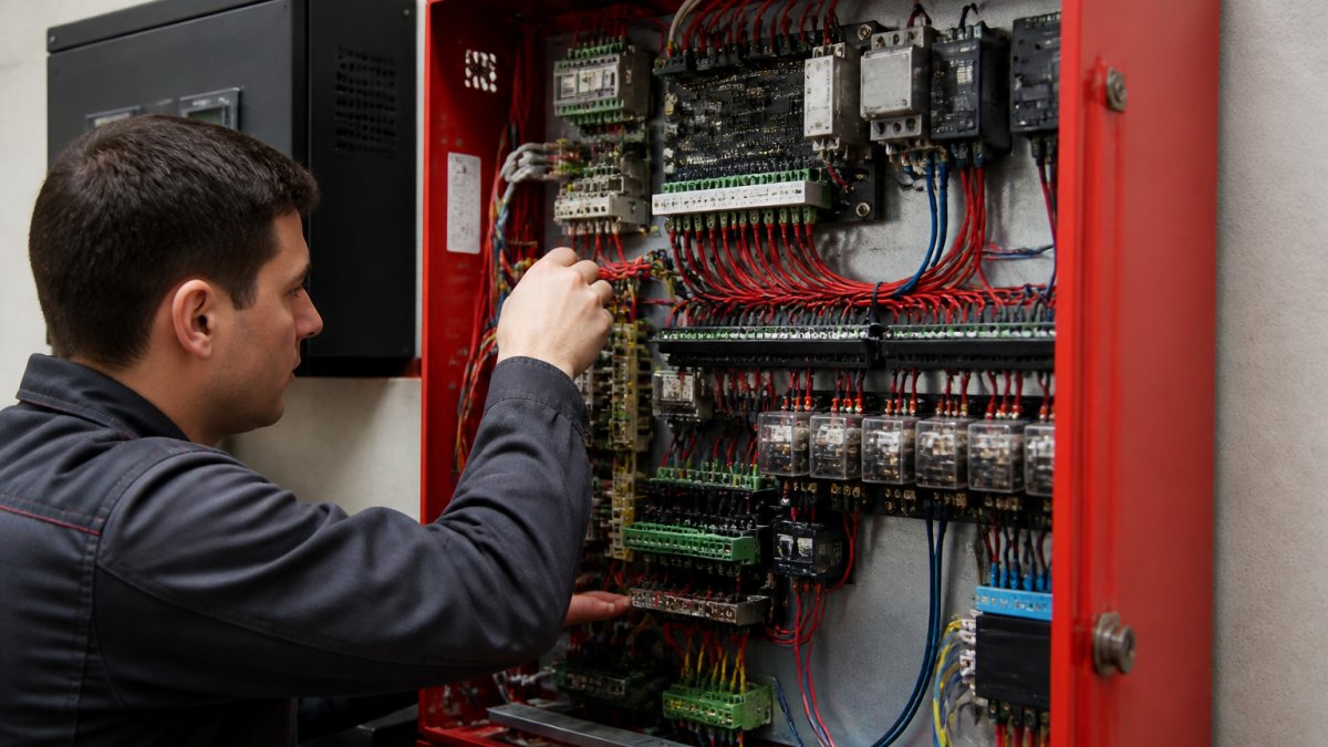 Professional technician examining fire alarm control panel in commercial building, with visible wiring, relays, and system components, demonstrating the physical integration point between fire detection and building automation systems