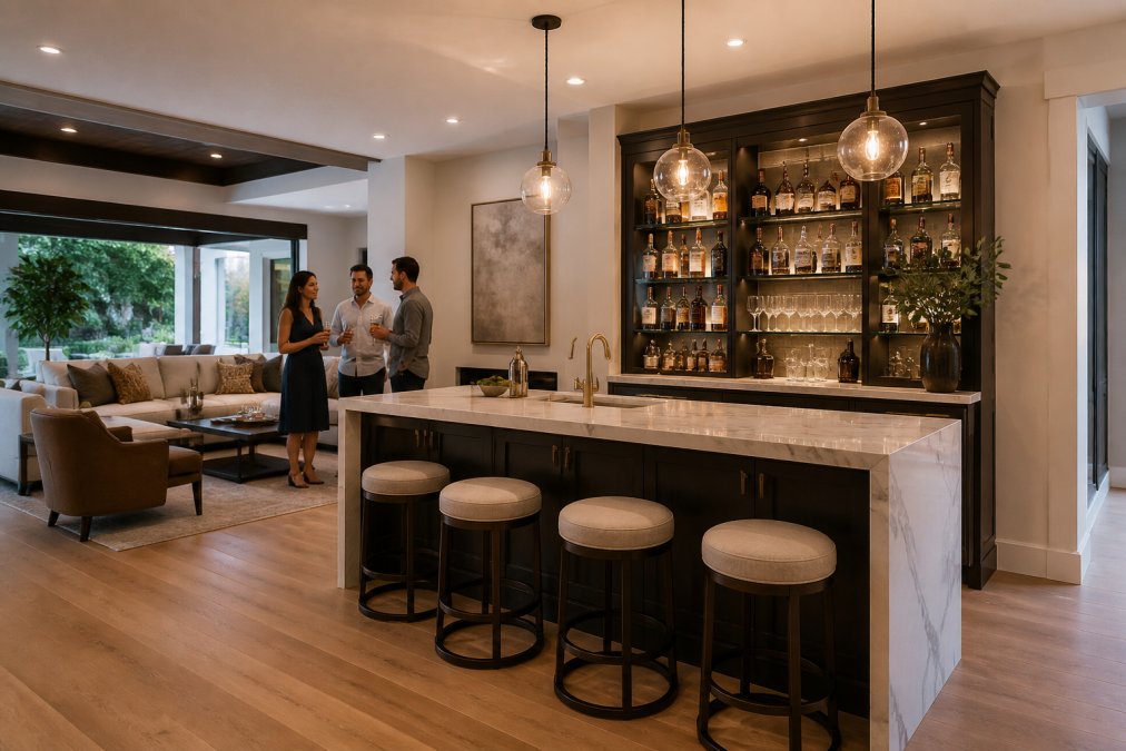 Stylish home bar with a marble countertop and pendant lighting in an open-concept living room with guests.