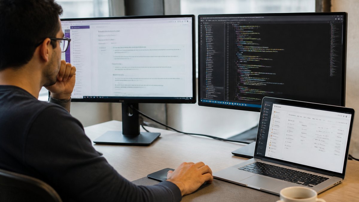 A developer at a desk with two monitors showing API documentation and a code editor, a laptop open beside them with a CRM dashboard on screen, in a bright modern office