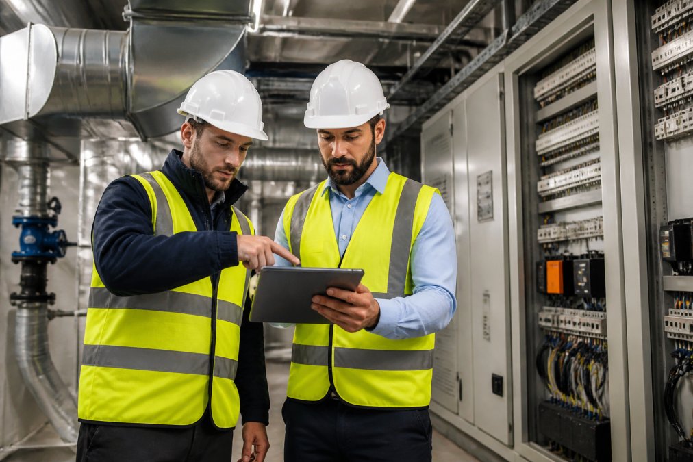 Engineers reviewing building plans near HVAC and electrical systems in a plant room