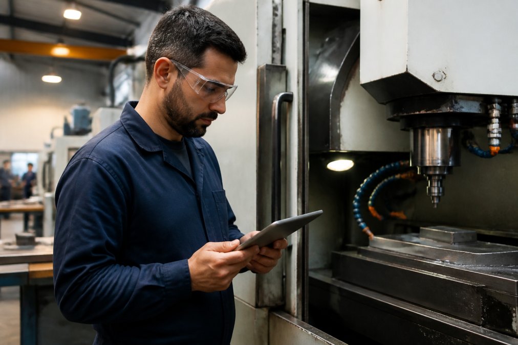 Manufacturing technician in safety glasses reviewing production data on tablet while standing at CNC machine station with running equipment in background