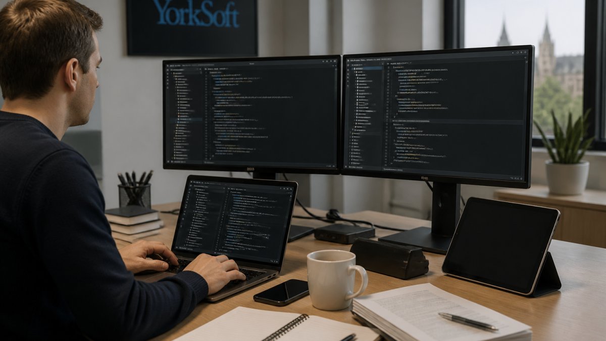 Professional developer working at desk with multiple monitors displaying code and system architecture diagrams, surrounded by technical documentation and coffee cup in modern office setting
