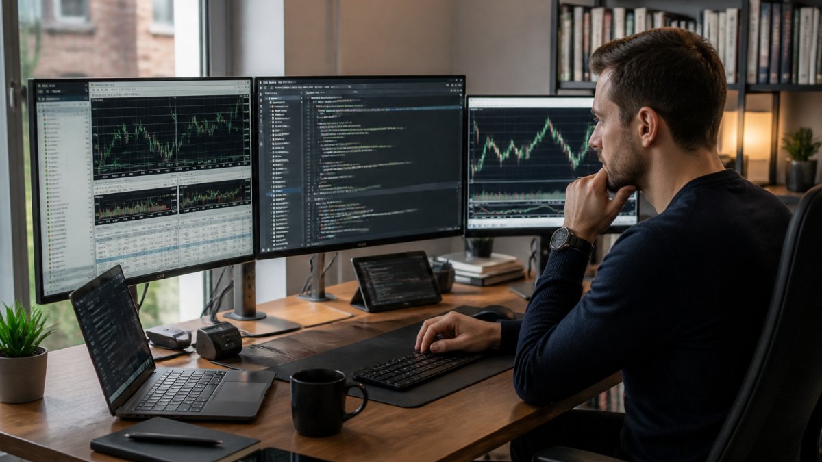 Trader using Python and MT5 for integrating machine learning with MT5 trading algorithms at a multi-monitor desk