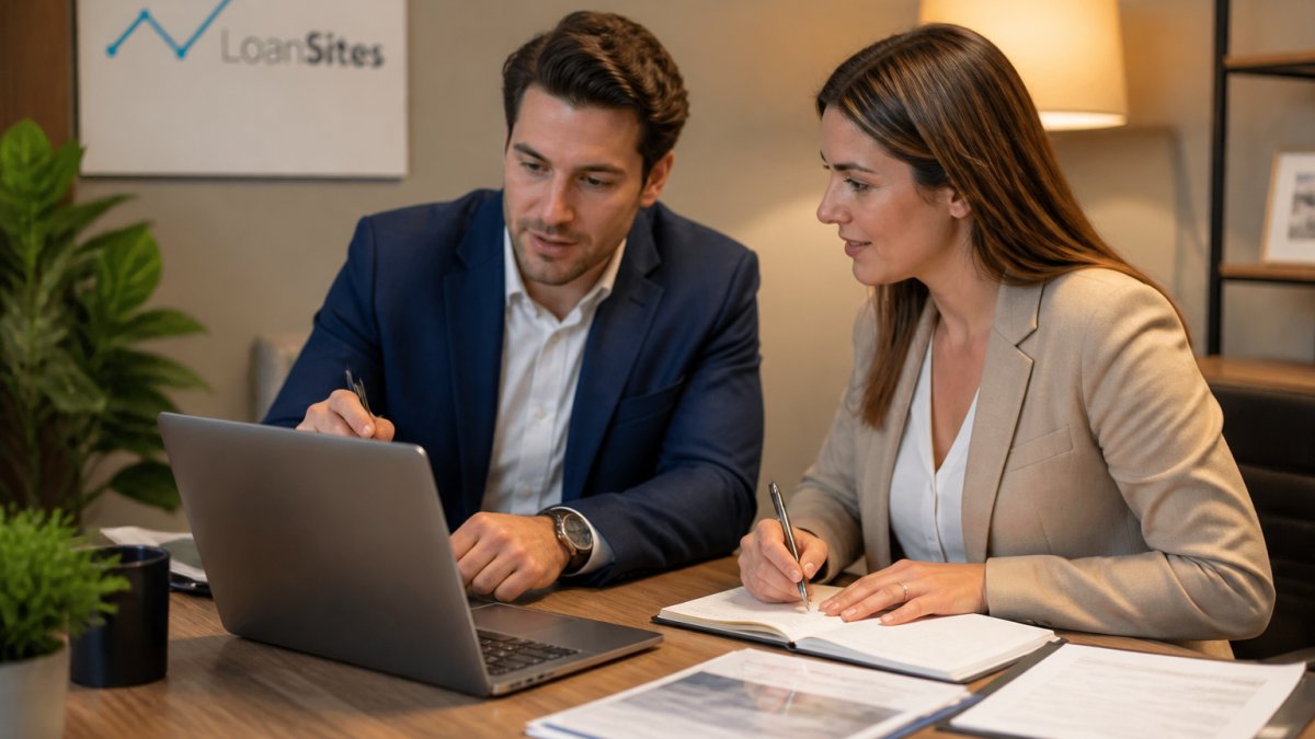 Two mortgage professionals at a desk reviewing a laptop screen together, one pointing at a field mapping spreadsheet while the other takes notes, warm office lighting