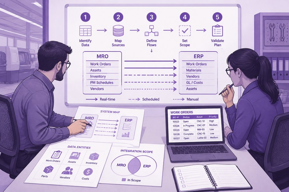 Two engineers in a manufacturing office reviewing printed system diagrams and a laptop screen showing work order data, with a whiteboard of process notes behind them