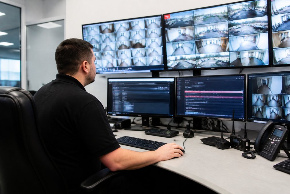 Security control room with multiple monitors displaying live video feeds from integrated cameras, access control event logs, and real-time system alerts in a modern facility