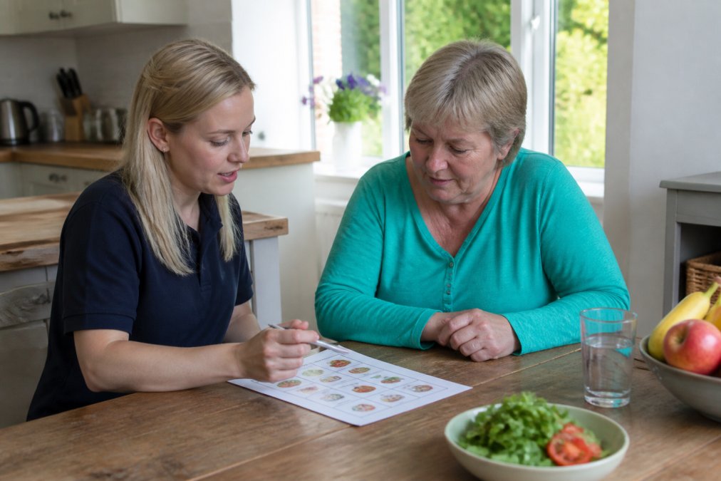 An occupational therapist and a client sitting at a kitchen table with a simple meal plan worksheet, discussing food choices in a bright home setting