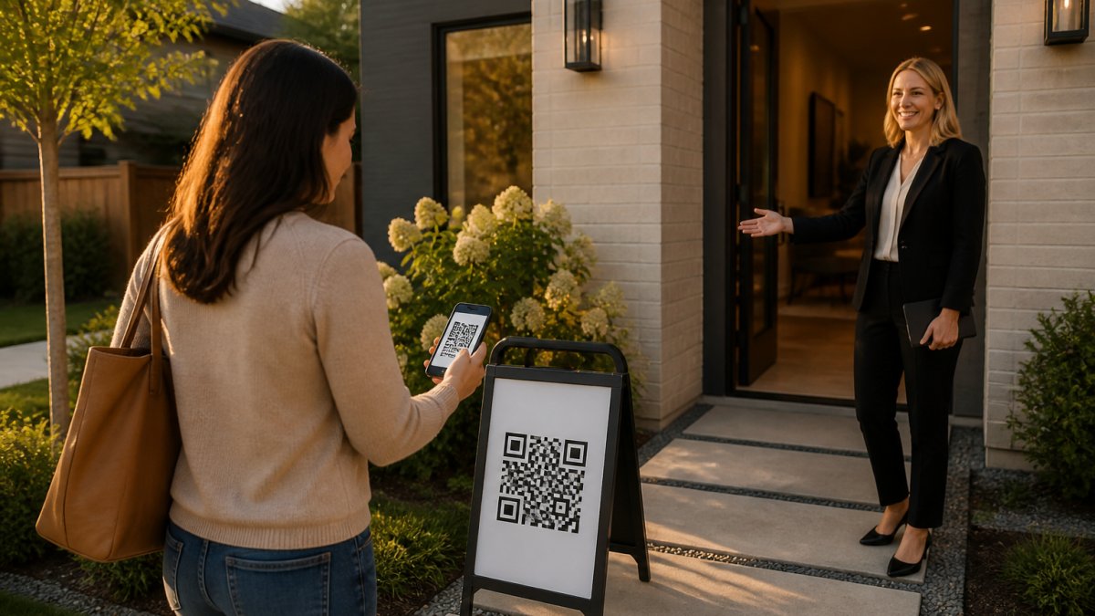 Professional real estate agent standing at an open house entrance with a QR code sign displayed on an a-frame stand, modern home visible in background with natural daylight