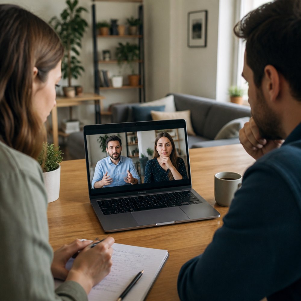 A video call on a laptop screen showing a sales manager and marketing lead reviewing campaign notes together, with a notebook and coffee on the desk in a bright home office