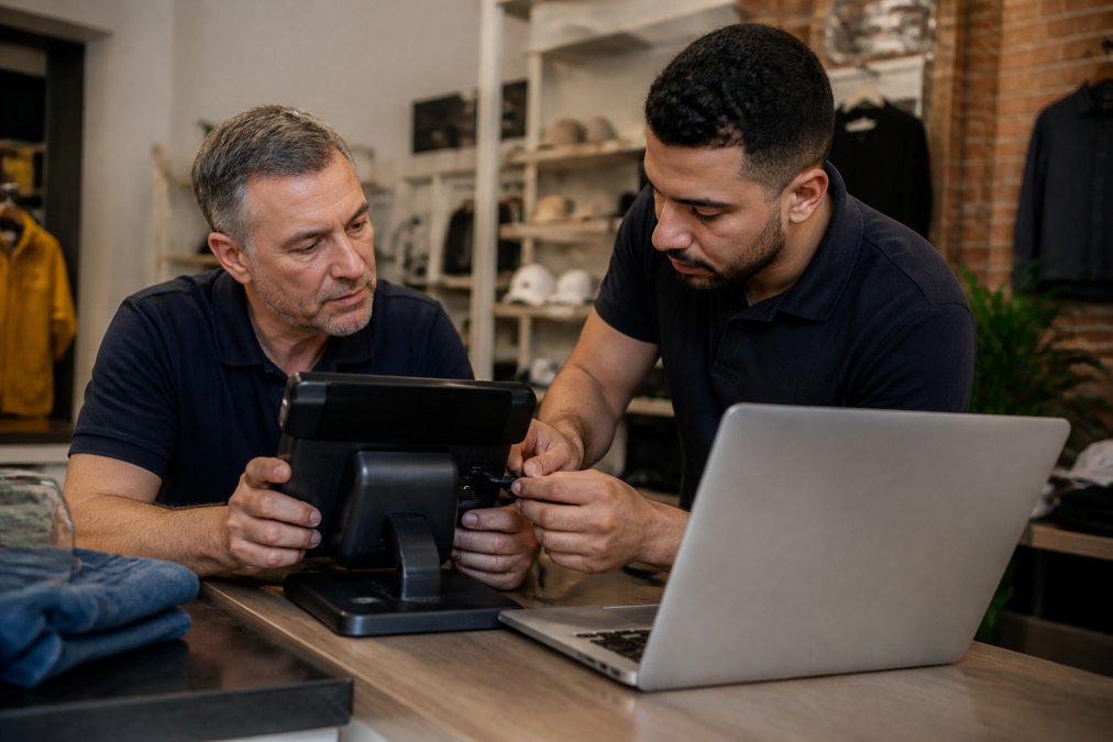 A small business owner and a technician examining a point-of-sale terminal in a retail store, with a laptop showing integration software in the foreground