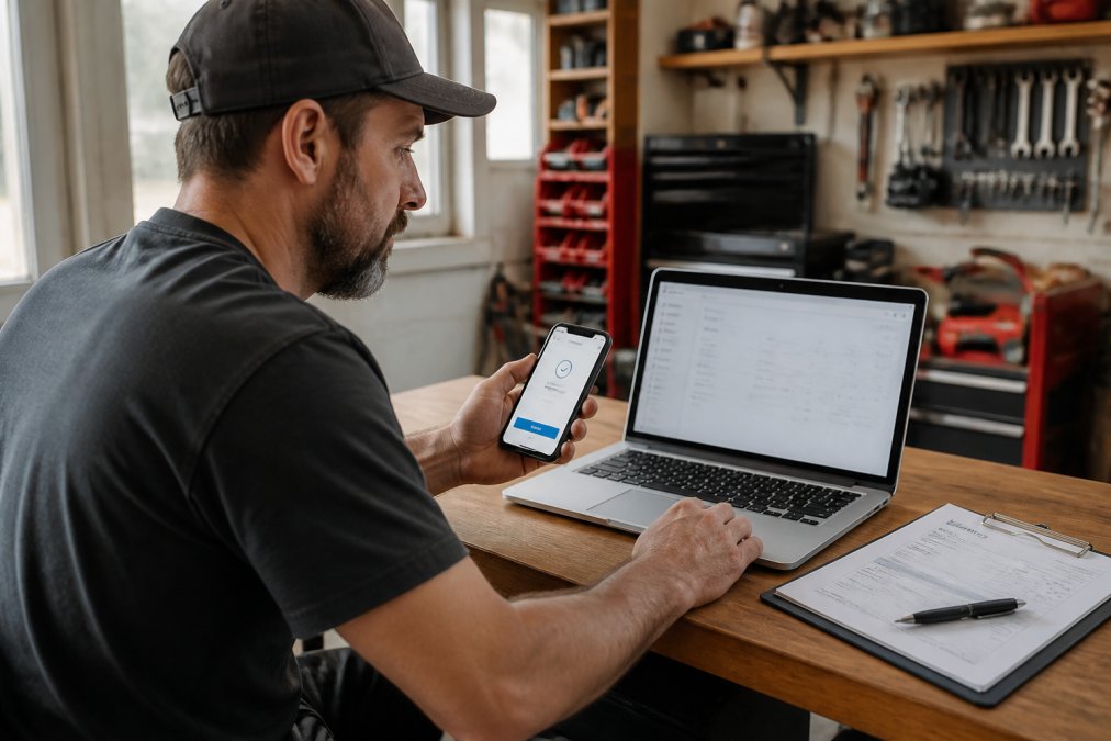 A trades business owner at a desk with a laptop showing a payment dashboard, a smartphone displaying a booking confirmation, and a clipboard with an invoice beside them in a bright workshop office