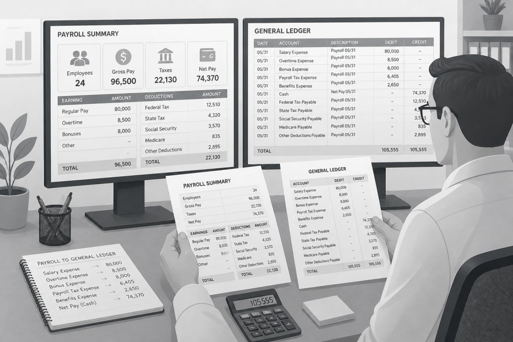 An accountant at a desk with two monitors, one showing a payroll summary and the other showing a general ledger, comparing printed reports side by side