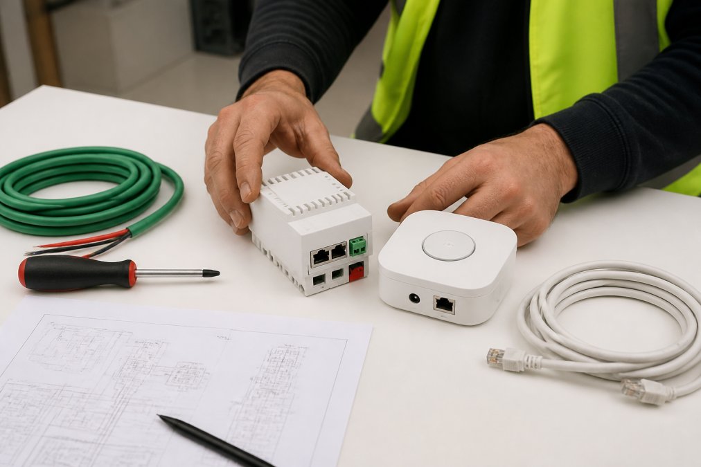 Professional electrician's hands positioning a KNX gateway device, Philips Hue Bridge, and network cabling on a white workbench with tools and documentation nearby