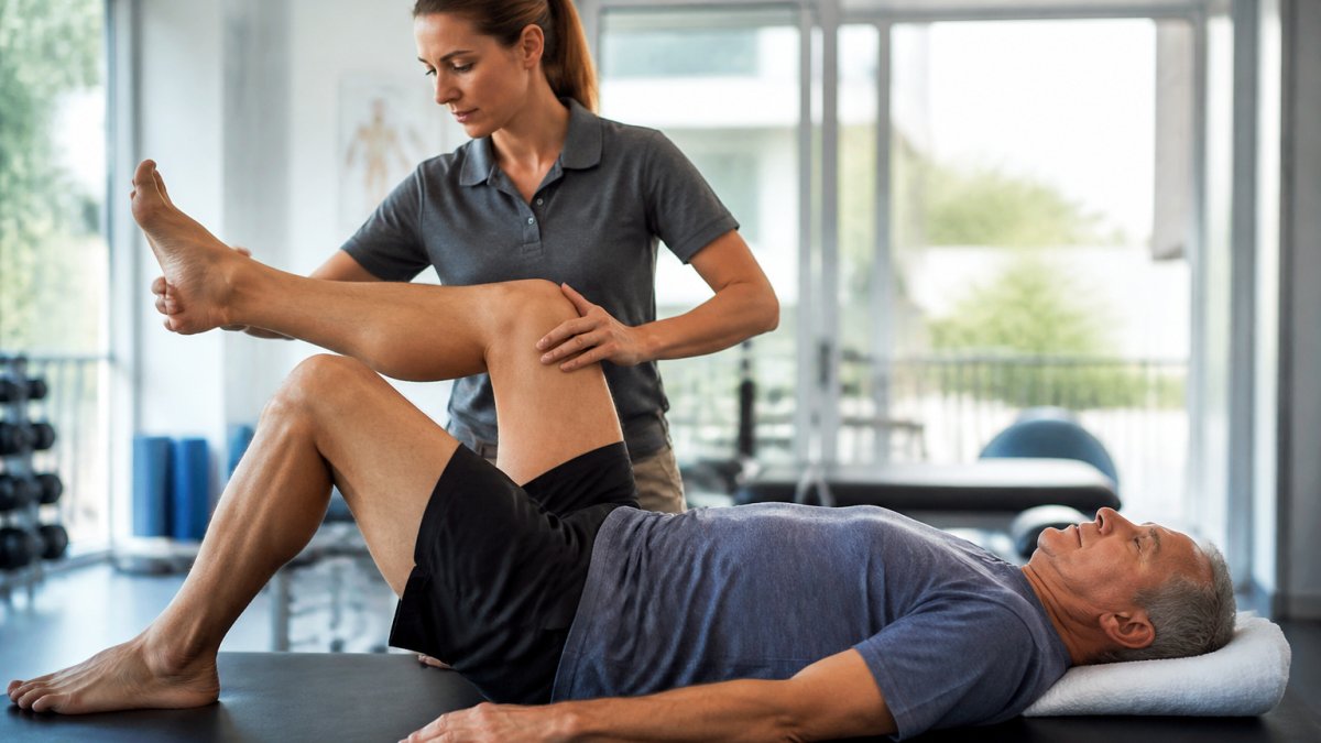 Physical therapist demonstrating proper therapeutic exercise technique with patient in clinical setting, showing correct body alignment and controlled movement with natural lighting