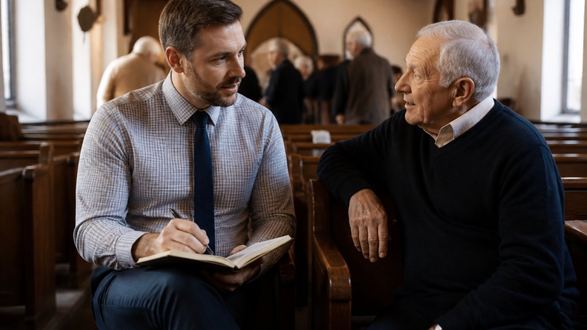 Theology student discussing practical ministry with a church member after a service