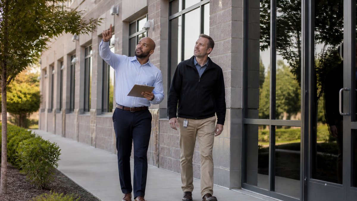 A facility manager and security consultant walking a commercial building perimeter with a clipboard, checking entry points and camera placements in daylight