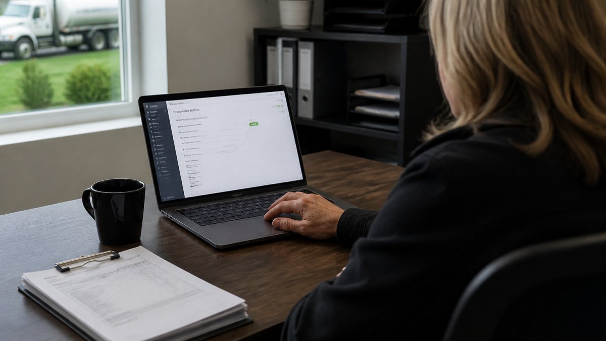 An office manager at a septic service company sitting at a desk with a laptop showing a software integration settings screen, a clipboard with customer invoices nearby, and a coffee mug, in a bright small-business office