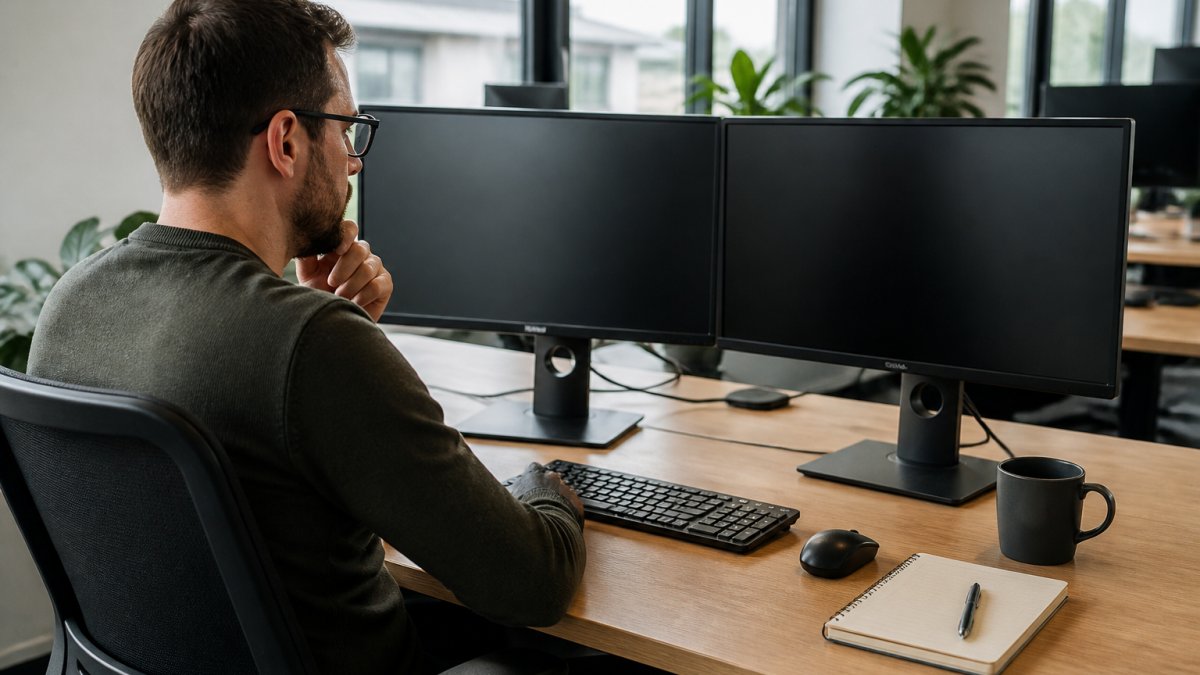 Software engineer at desk with multiple monitors displaying API documentation and integration code, coffee cup and notebook visible, modern office setting with natural window lighting